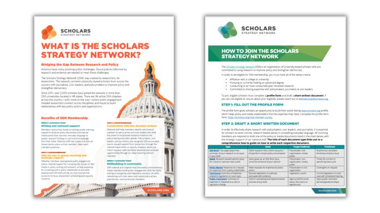 Screenshots of "What is the Scholars Strategy Network" pdf and "How to Join the Scholars Strategy Network" pdf