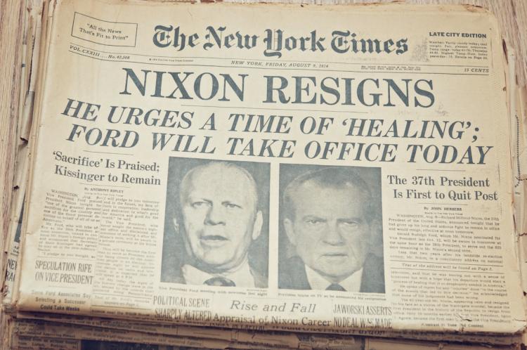 A close up of the front page of the The New York Times newspaper dated August 9, 1974. The New York Times reporting President Richard Nixon resigns after the Watergate scandal, Vice President Gerald Ford taking office.